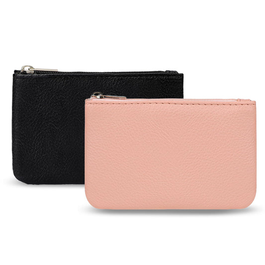 2 Pack Coin Purse, Portable PU Leather Coin Purse with Zipper Coin Purse Mini Change Purse Small Coin Purse for Women Credit Card Folded Bills ID Key Headset Lipstick(Black&Pink)