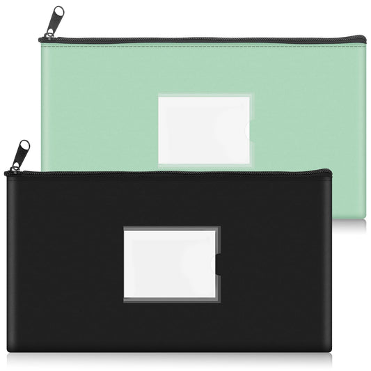 KALIONE 2 Pieces Money Bag, Bank Deposit Bags PU Leather Money Bags with Zipper 11x6.1 Inch Bank Bag Money Wallet Pouches for Cash Coins Bills Cosmetics Keys(Black+Lake Green)
