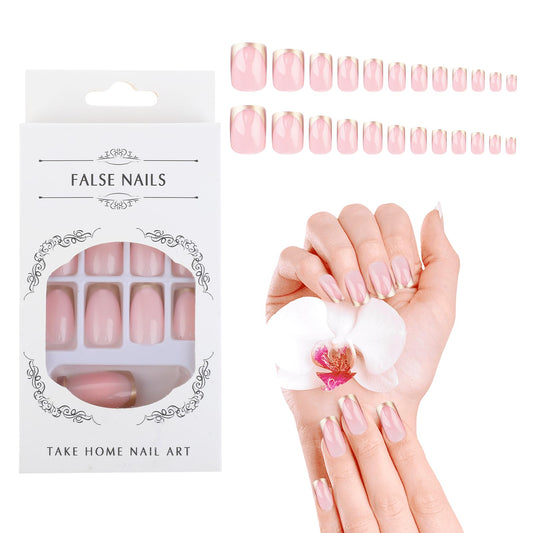 24Pcs Gold French Tip Press on Nails Short Square Press on Nails Medium Length Fake Nails Full Cover Glue on Nails French Tip Nails for Finger Manicure