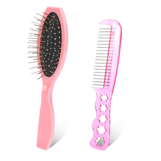 Hair Extension Brushes, 2 Pieces Wig Brush for Synthetic Wigs Portable Synthetic Hair Brush Metal Wire Wet Hair Comb Professional Stainless Steel Teeth Wig Brush for Women Girls Human Hair, Pink