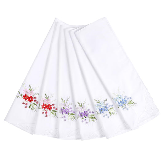 Mozeat Lens Pack of 6 Women's Fabric Handkerchiefs with Floral Pattern 28 x 28 cm White Cotton Floral Lace Handkerchief Fabric Handkerchiefs with Flowers Embroidery and Lace Butterfly Edge, White,