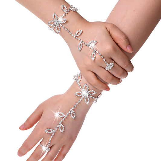 QfwdfcTrenz Rhinestone Fingerless Gloves Silver Bride Wedding Glove Crystal Hand Chain Prom Gloves Accessories for Women