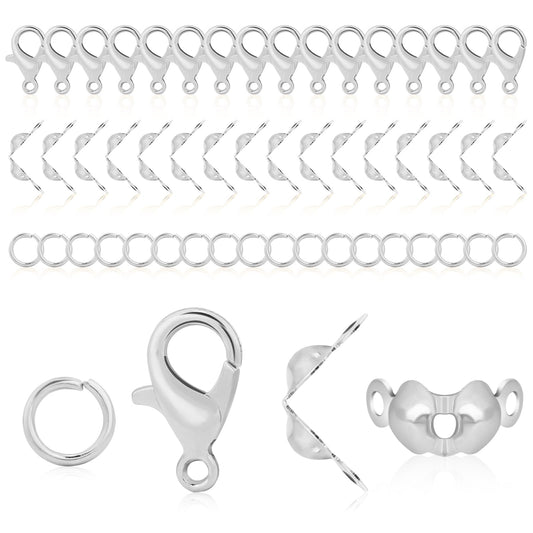 800Pcs Lobster Clasps DIY Jewelry Supplies, Bead Caps Jewelry Making Clasps, 500Pcs Open Jump Ring Connectors, 200 Pcs Bead Tip Knot Caps, 100Pcs Lobster Claw Clasp(Silver)