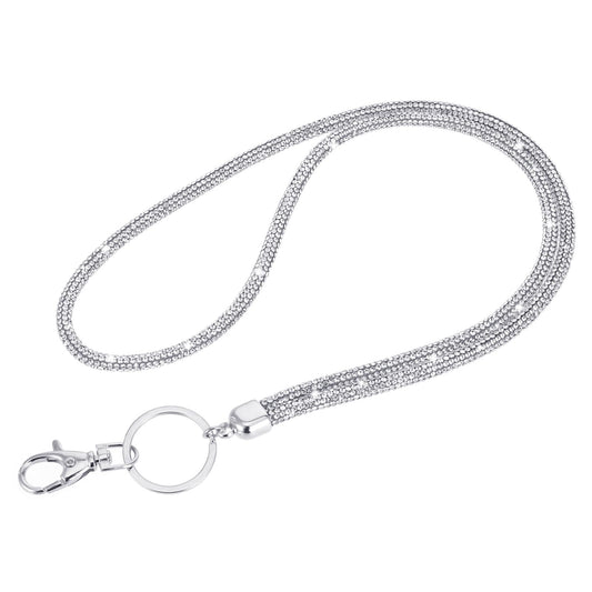 Bling White Rhinestone Lanyard for Women - 31.5'' Round Crystal Neck Strap with Metal Clasp & Keyring for Id Badge Holder