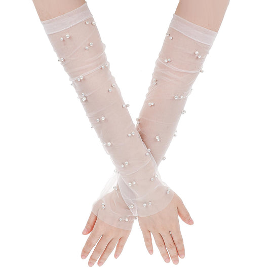 Mozeat Lens Pearl Gloves, White Long Gloves Tulle Gloves, 17 Inch Lace Sheer Gloves Elbow Length Fingerless Bridal Wedding Gloves for Women Brides Opera Tea Wedding Dance Costume Party Halloween