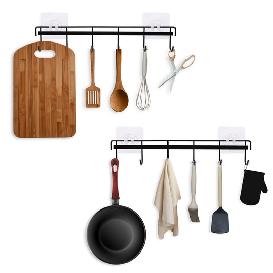 KALIONE 2 Pack Wall Mount Utensil Rail Rack, Adhesive Wall Hooks Rack Kitchen Rail, Space Saving Kitchen Utensil Hanger Holder No Drilling Wall Hangers for Kitchen Bathroom Livingroom
