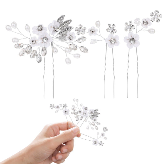 Flower Bridal Hair Pins, 3 Pcs Wedding Flower Hair Accessories Crystal Pearl Hair Pins Vintage Bridal Hair Accessories Wedding Hair Pieces for Women Girls Brides Bridesmaids