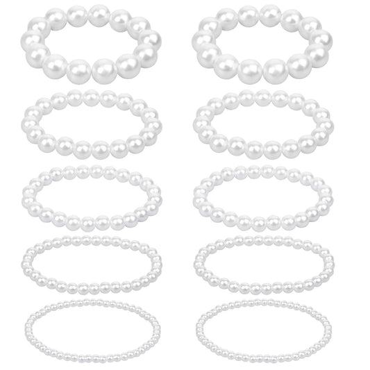 10 Pcs Pearl Bracelet Stackable Pearl Bracelets for Women Faux Freshwater Pearl Bracelet Stretch Bracelets for Girls Multi Sizes Dainty Pearl Bracelet for Wedding Party Valentine's Day Decoration