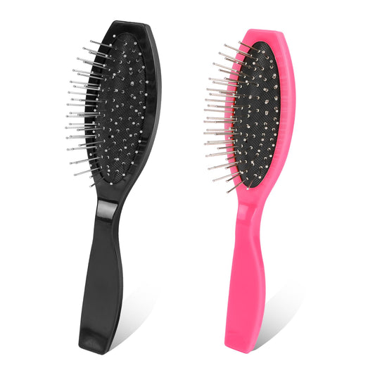 2 Pack Stainless Steel Wig Wire Brush, Portable Professional Wig Brushes Synthetic Hair Brush for Women and Men, Metal Wig Combs for Hair Extensions, Wigs Detangling, Barber, Beginner?Black, Rose Red?