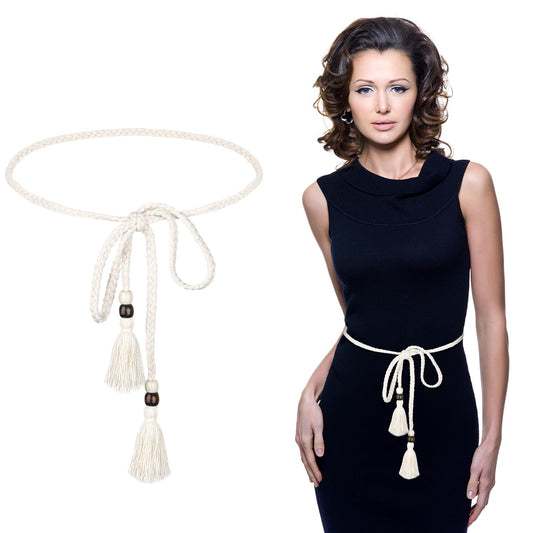 KALIONE Women's Braided Knotted Waist Belt, Thin Knotted Waist Dress Belt Trendy Boho Rope Waistband with Tassel Fringe Wrap Cloth Decorative Chain Tie Belts for Women Girls Dresses Skirt Pants