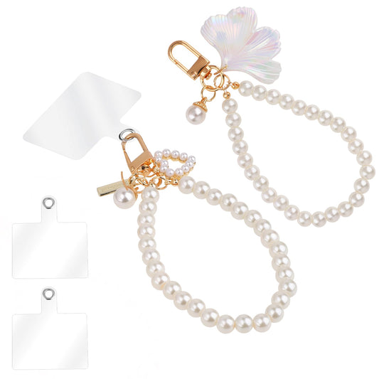 2 Pcs Pearl Wrist Strap for Phone Phone Chain Strap Charm String Pearl Beaded Phone Strap Phone Chain Strap Phone Case Charms Cute Keychains Beaded Phone Wrist Lanyard with 2 pcs Tether Tabs for Women