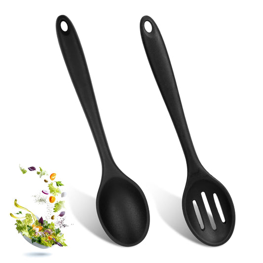 2 Pcs Silicone Spoons for Cooking 8 Inch Silicone Cooking Utensils Set Large Non Stick Mixing Slotted Spoons Heat-Resistant Kitchen Utensils for Bake Stir Mixing Serving Draining Stirring (Black)