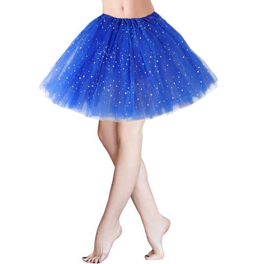 KALIONE Tutu Dress for Women Girls, Women Ballet Dance Skirts 3 Layered Stars Sequins Tutu Skirt Elastic Princess Ballet Party Dance Bubble Skirt Costume for Women Girls, Blue