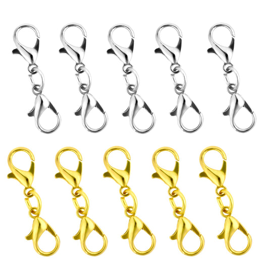 10PCS Lobster Claw Clasps,Gold Silver Necklace Extenders Double Necklace Clasp Stainless Steel Lobster Clasp Bracelets Chain Extender Jewelry Clasps and Closures for DIY Jewelry Crafts Making Supplies