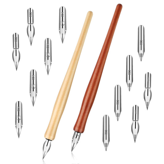 14PCS Comic Pen Nib Set, Oblique Calligraphy Dip Pen Set Fluid Writer Pen, 2-in-1 Wooden Drawing Pen Holder with 12 Pieces Stainless Steel Pen Replacement Nibs Nib for Writing,Signing,Painting,Sketch
