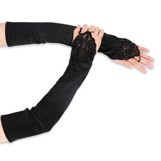 KALIONE Women Long Satin Gloves, Long Black Gloves, 1920s Satin Gloves Long Fingerless Gloves, Satin Gloves Opera Gloves Black Gloves Women, Women Long Gloves for Wedding Bridal Dance Party
