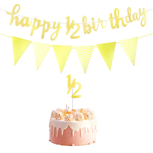 Happy 6 Months Birthday Banner Glitter 1/2 Half Year Cake Topper Triangle Flag Banner Happy 1/2 Birthday Decorations for Half Year Baby Shower Birthday Party Decoration, Gold