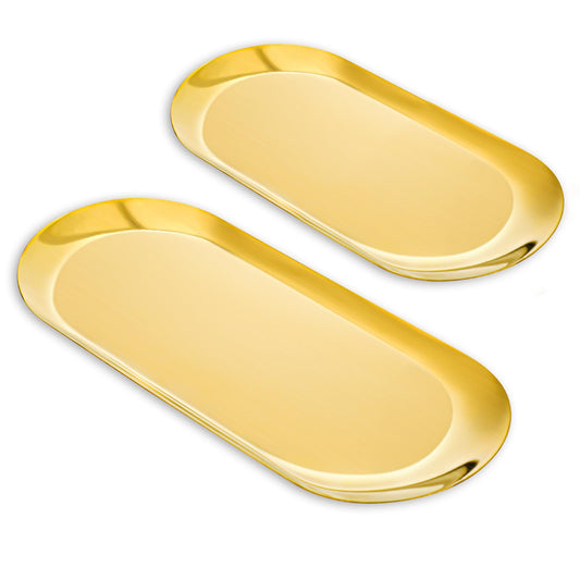 2PCS Gold Oval Decorative Tray Serving Tray Oval Vanity Tray Stainless Steel Bathroom Sink Vanity Tray Trinket Tray Cosmetics Jewelry Organizer Tray, 8.8 + 7 inches