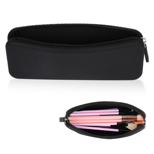 Travel Makeup Brush Holder with Zipper Closure Washable Silicone Makeup Brush Bag Black Large Cosmetic Pouch Makeup Tools Organizer Case for Travel Daily Work Accessories