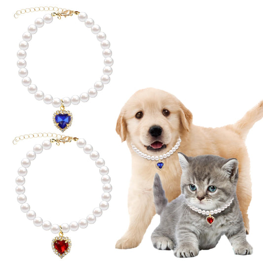 2 Pcs Cat Pearl Necklace Collar Small Cat Dog Jewelry Accessories with Heart Rhinestone Birthday Wedding Collar for Cats Puppy Dress Accessories (Blue, Red)