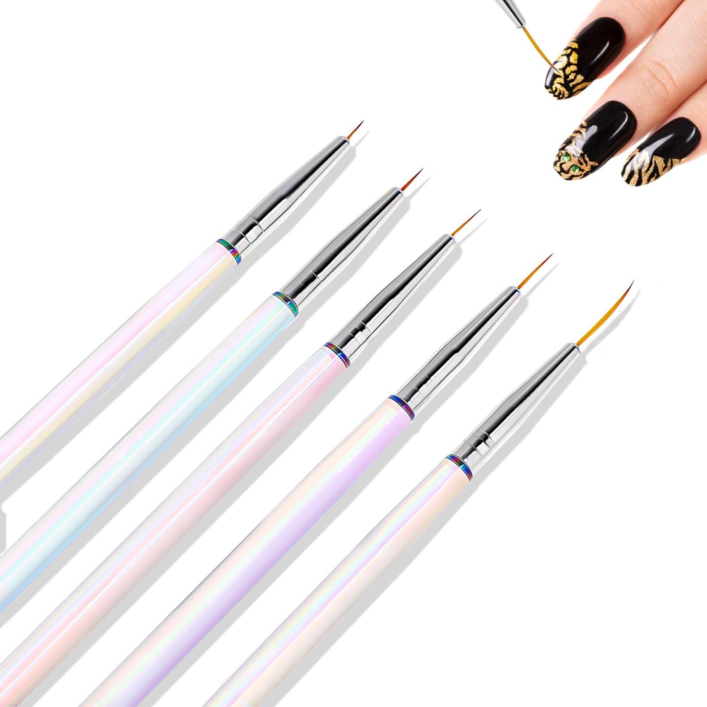 5Pcs Nail Art Brushes, Thin Liner Brushes 6/8/10/12/20mm Gel Polish Brush Detail Drawing Brush for Long Lines, Details, Fine Drawing (Multicolor)