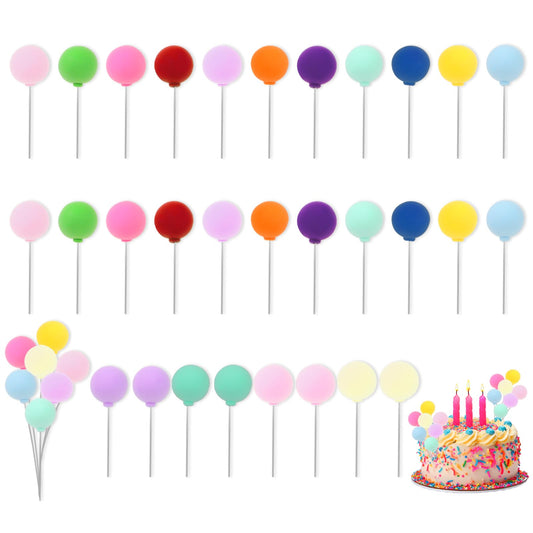 30 Pcs Balloon Cake Topper Rainbow Cake Balls Decoration Mini Balls Cake Topper Sticks Colorful Birthday Cake Insert Toppers for Wedding Anniversary Birthday Baby Shower Decoration Supplies