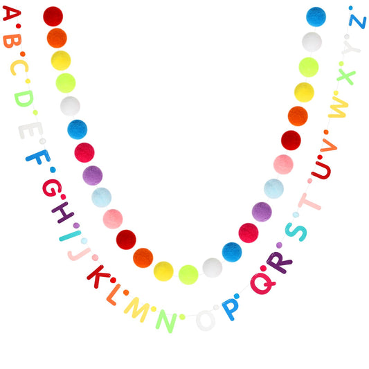 2pcs Rainbow Pom Pom Garland Alphabet ABC Garland, Colorful Pompom Felt Ball Garlands for Party Home Decoration, Boho Wall Decor for Halloween Thanksgiving Christmas (Assorted Color)
