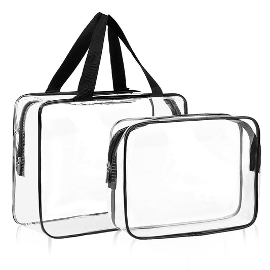Clear Travel Toiletry Bag, 2 Pcs Clear Makeup Bags Large Clear Travel Bags Plastic PVC Tote Bags with Zipper Handle Portable Waterproof Organizer Bags for Airline, Bathroom, Travel