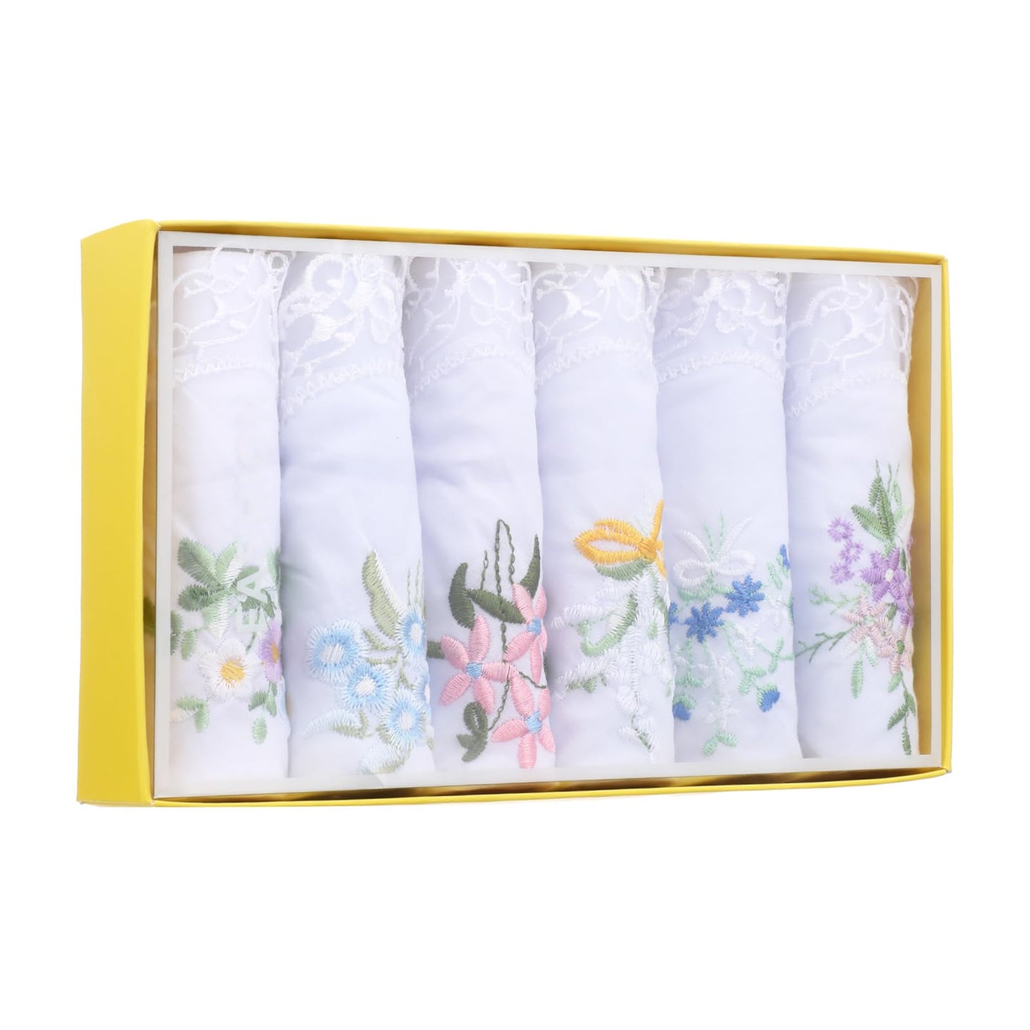 SynHHergyx Handkerchiefs for Women, 6 Pcs Boxed Soft Cotton Ladies Handkerchiefs Vintage Flower Lace Embroidered Handkerchief