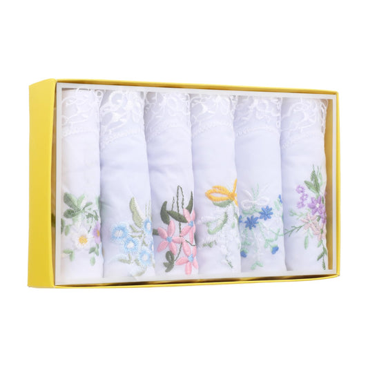 SynHHergyx Handkerchiefs for Women, 6 Pcs Boxed Soft Cotton Ladies Handkerchiefs Vintage Flower Lace Embroidered Handkerchief
