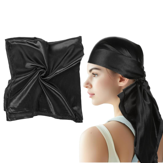 Silk Bandanas for Women, 35 Inch Black Head Scarf Large Square Satin Bandana Hair Scarf Silk Head Scarf Sleeping Head Wraps for Hair Wrapping at Night Stylish Hair Accessories for Lady Girls, Black,