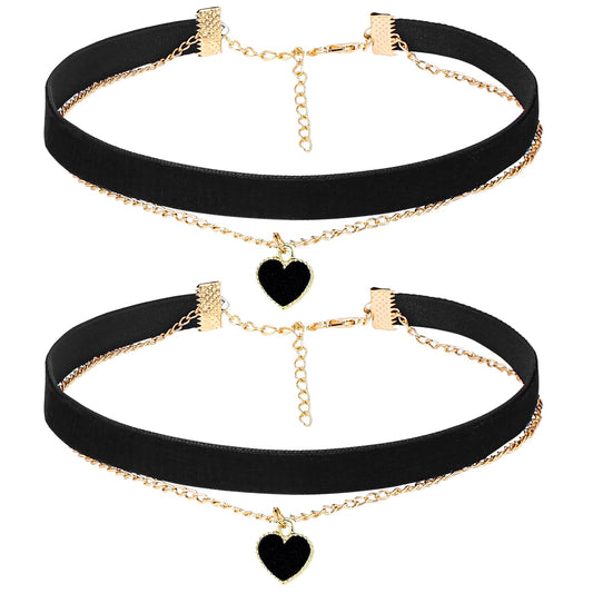 KALIONE 2 Pieces Black Heart Necklace Black Choker Necklaces for Women, Adjustable Velvet Chocker Necklace Layered Black Gothic Heart Charms Choker Collar Necklaces for Women and Girls