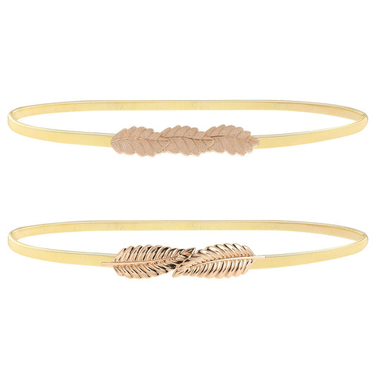Mozeat Lens 2 PCS Gold Belt for Women's Dress Elastic Gold Waist Belt Dress Belt Women Fashion Skinny Stretch Gold Chain Belt Formal Jumpsuits Corset Metal Belt for Wedding Dress Body Jewelry, Gold,