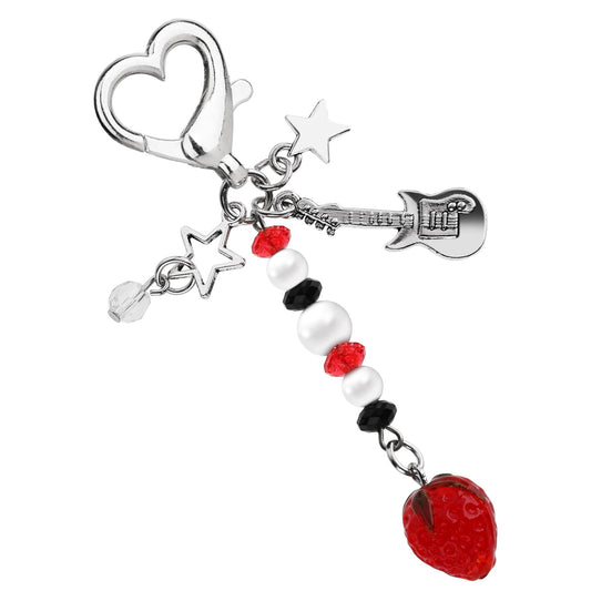 KALIONE 1 Pack Guitar Keychain Cute Keyring Star Keychain Strawberry Key Chain Aesthetic Accessories Y2K Keychains for Women Girls