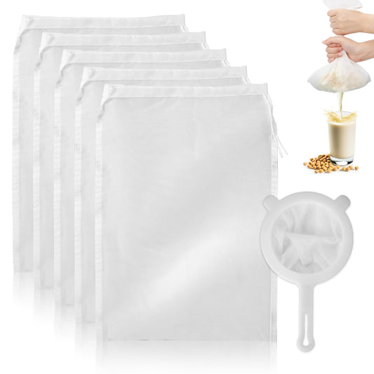 200 Mesh Fine Mesh Strainer with 5PCS Nut Milk Bags Reusable Food Strainer Ultra-Fine Nylon Mesh Sieve All Purpose Food Strainer for Almond Soy Milk Badam Nut Cashew Walnut Juice Cold Brew Coffee