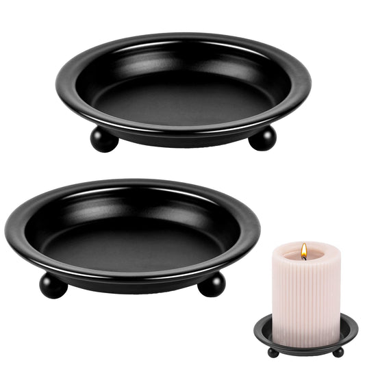 2 PCS Candle Holders Metal Candle Stand Round Tray Black Candle Plates and Trays Church Candle Dish Pillar Holder Traditional Pillar Candle Holders for Table Decorative Home Living Room Decor, 10cm