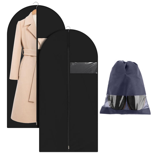 2 Pcs Hanging Garment Bags with Shoe Bag Clothes Cover Bags 60 x 120cm Suit Bag for Women Dust-proof Dress Cover Black Clothes Organizer with Zipper for Wardrobe Storage