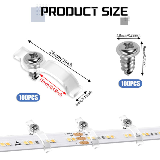 100PCS LED Strip Light Mounting Clips Outside Rope Light Fixture Hangers Fixing Bracket Clips One Side LED Light Clips with 100PCS Screws 10 mm