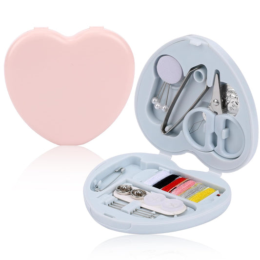 2 Pack Mini Travel Sewing Kit, Portable Sewing Kit Box DIY Sewing Supplies Plastic Sewing Tool Kits with Scissors Threads Hand Sewing Needles for Beginner Traveler(Heart)