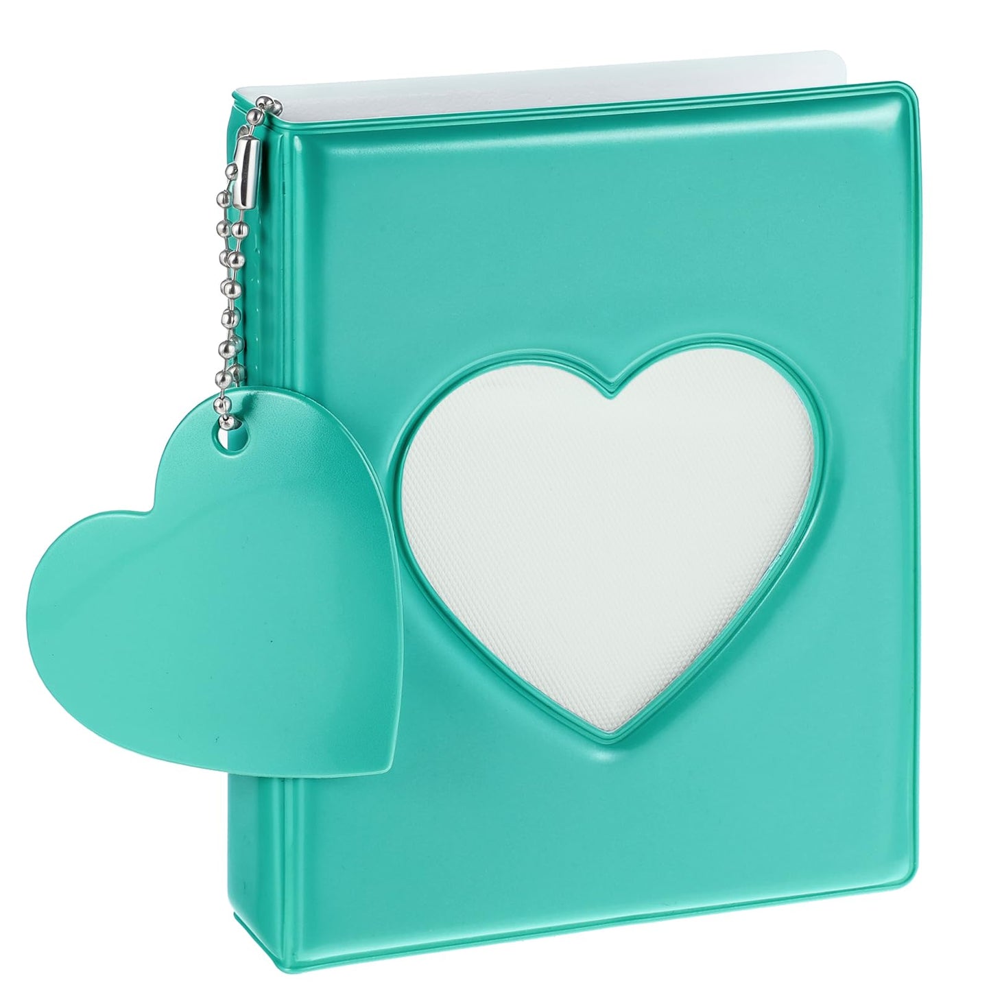 Mini Photocard Binder, 3 Inch Heart Hollow Card Binders with 32 Pockets Mint Green Mini Photo Album Mirror-Like Photocard Binder with Pendant