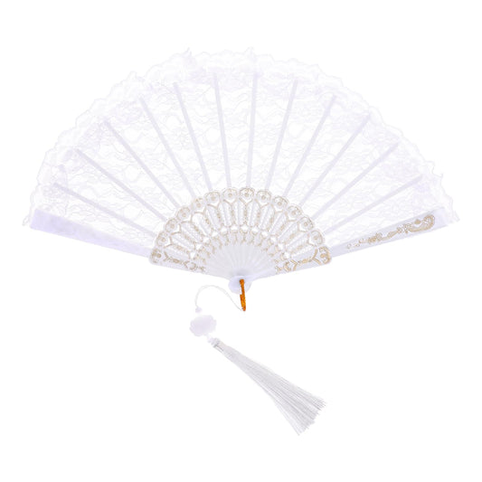 InnoHHustle Handheld Chinese Folding Fan Hand Fans Foldable White Lace Vintage Style Hand Held Folding Fans for Party Wedding Dancing Decoration
