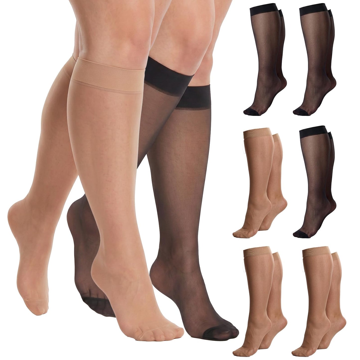 Xelsluthe 6 Pairs Knee Highs Plus Size, Knee High Stockings for Women Sheer Socks Nylon Socks with Wide Calf Black Nude