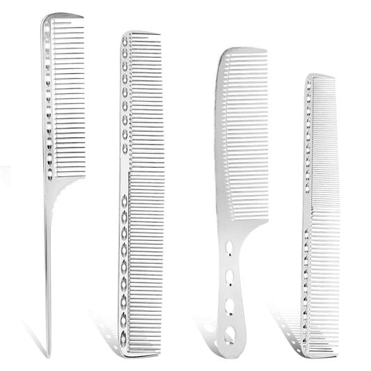 Metal Comb for Men, 4 Aluminum Dressing Comb Professional Barber Types Metal Hair Comb Set Foiling Combs Dandruff Combs for Women Metal Rat Tail Comb Hair Cutting Comb for Long Wet Curly (Silver)