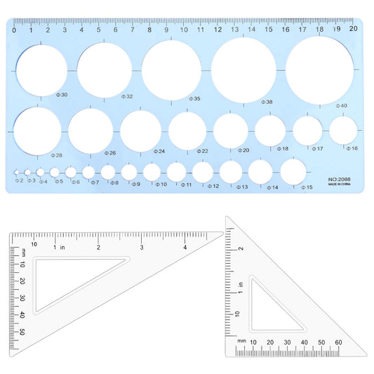 Circle Template, 3 PCS Geometry Set Stencils Circle Stencil Scale Ruler Drafting Tools Clear Ruler Set Squares Small Ruler Circle Drawing Tool for Office and School Artist Design (Bule Clear)