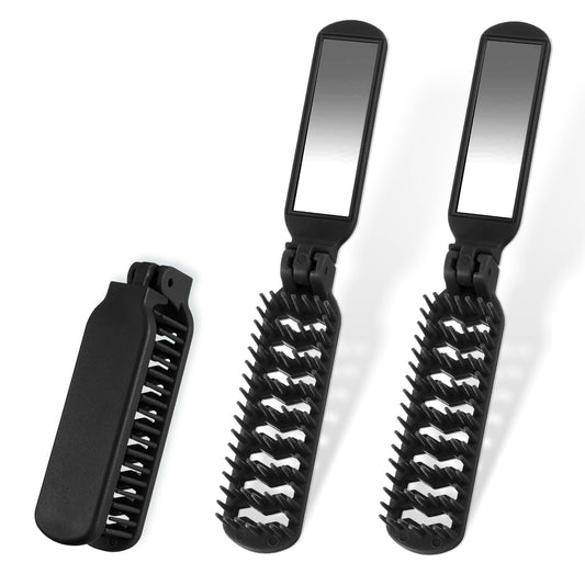 2 PCS Travel Brush with Small Mirror, Black Mini Hair Brush, Foldable Travel Hair Brush, Compact Travel Size, Women's Brush, Folding Comb, Beard Comb for Men and Women