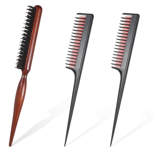 3 Pieces Teasing Comb for Women Men, Triple Hair Teasing Brush Rat Tail Combs and Boar Bristle Brushes Comb Hair Slicking Brush Ratting Hair Brush for Curly Thick Wet Hair Stylist Backcombing Slicking