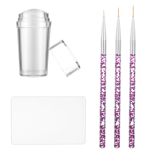 French Tip Nail Stamp Kit Silicone Nail Stamper Nail Art Brushes Nail Printer Clear Nail Art Stamper Jelly with Scraper French Nail Design Tools Manicure Stamp with 3pc Nail Pen Brushes for Home Salon