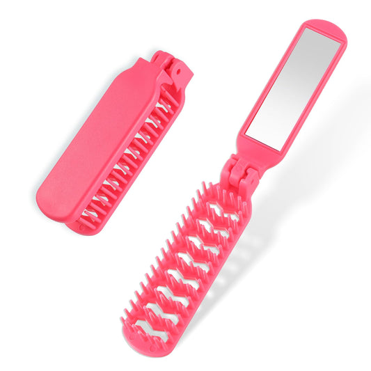 Rose Red Mini Hair Brush, Folding Travel Hair Brush with Mirror Pocket Combs Portable Travel Brushes for Hair Slick Back Hair Brush Compact Brush for Men Women Thick Thin Curly Straight Wet Dry Hair