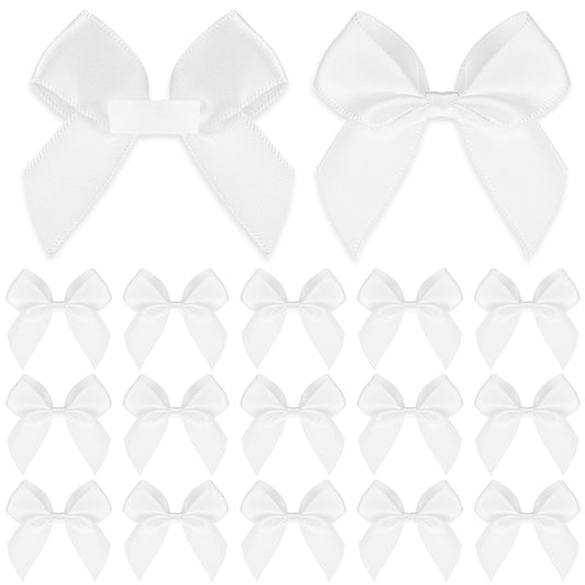 30 PCS White Satin Ribbon Bows 5CM Self Adhesive Satin Bows for Gift Wrapping Bow Decorations Pre Tied Bows with Sticky Gel Pads for Birthday Party Wedding Decorations Crafts Gift Bakery Candy Bags