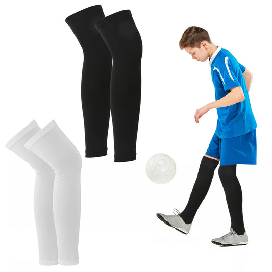 2 Pairs Kids Leg Compression Sleeves,White and Black Boys Compression Leg Sleeve Non-Slip Soccer Leg Sleeve Thigh Calf Brace Accessories for Youth Boy Girl Football Basketball Running Sport Traning(L)